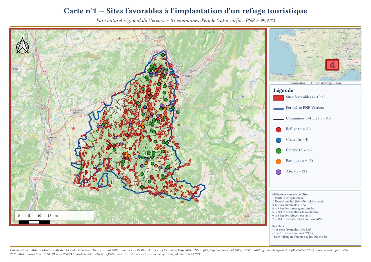 Analiză multicriterială QGIS — Refugiu în Parcul Vercors